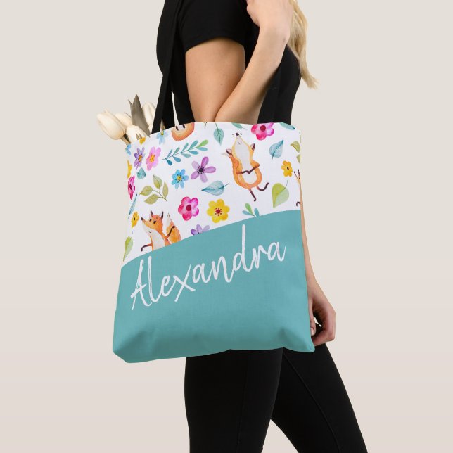 Cute Fox Pattern Teal Personalised Tote Bag (Close Up)