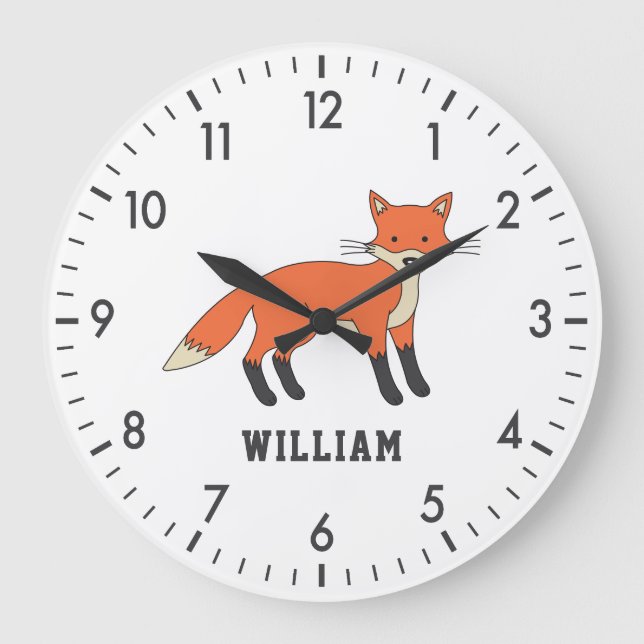 Cute Fox Personalised Custom Name Back To School Large Clock (Front)