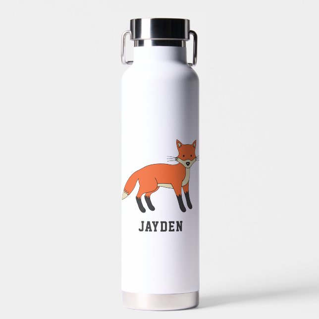 Cute Fox Personalised Custom Name Back To School Water Bottle (Front)