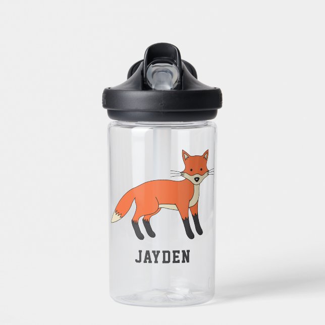 Cute Fox Personalised Custom Name Back To School Water Bottle (Front)