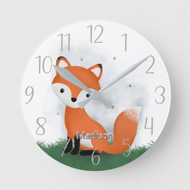 Cute Fox Personalized Gender Neutral Round Clock (Front)