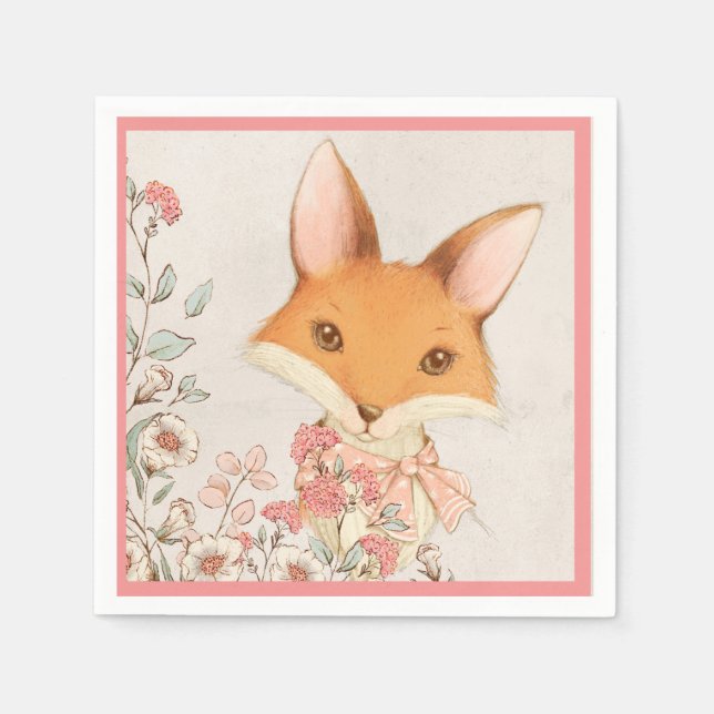 Cute Fox Pink Floral Girly Napkin (Front)