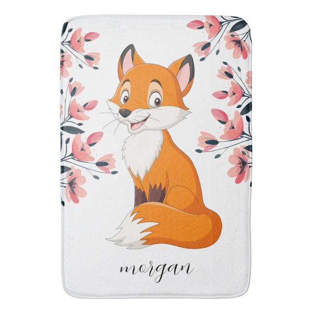 Cute Fox Pink Flowers Child's Name or Your Message Bath Mat (Front Vertical)