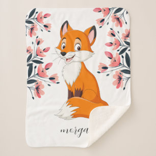 Cute Fox Pink Flowers Child's Name or Your Message Sherpa Blanket