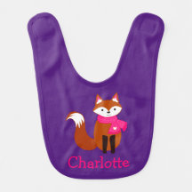 Cute Fox Pink Scarf Purple Personalised Baby Bib