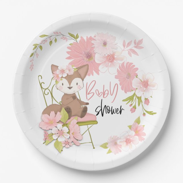 Cute Fox Pink White Florals Girl Baby Shower Paper Plate (Front)
