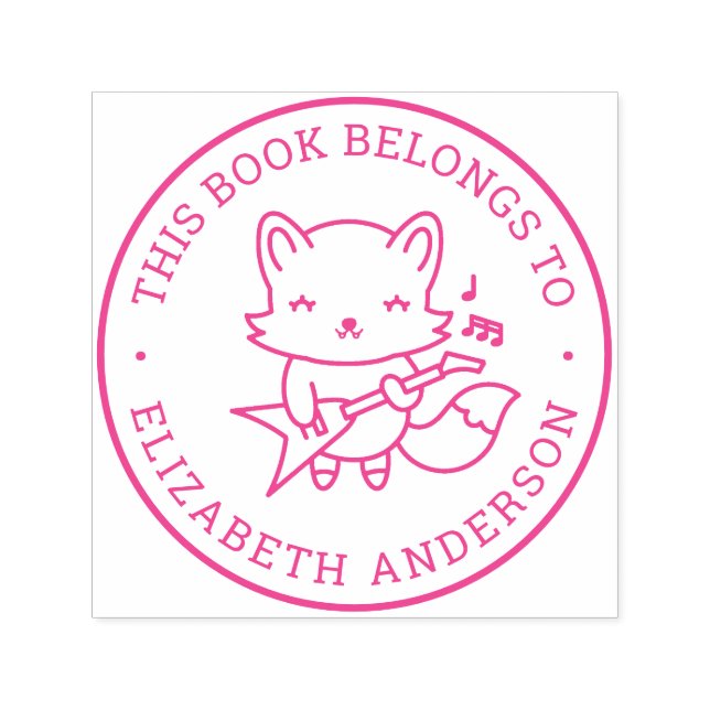 Cute Fox Play Guitar Personalised Name Book Label Self-inking Stamp (Design)