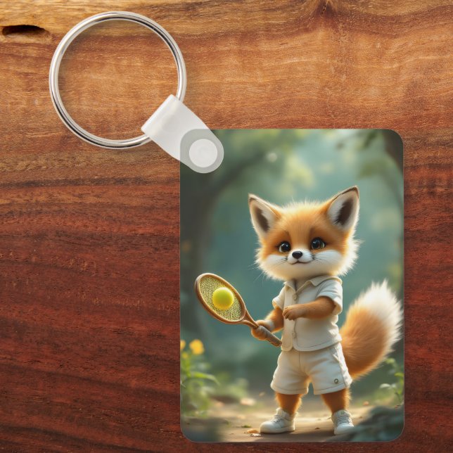 Cute fox playing tennis in an enchanted forest, key ring (Front)