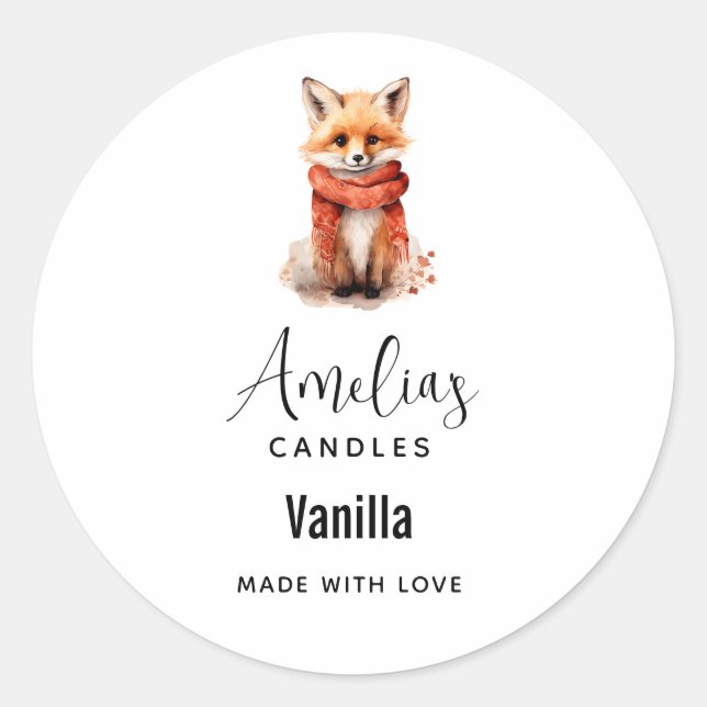 Cute Fox Pup in a Red Scarf Candle Business Classic Round Sticker (Front)