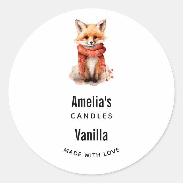 Cute Fox Pup in a Red Scarf Candle Business Classic Round Sticker (Front)
