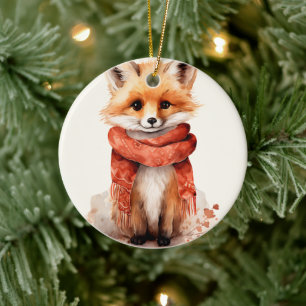 Cute Fox Pup in a Red Scarf Ceramic Tree Decoration