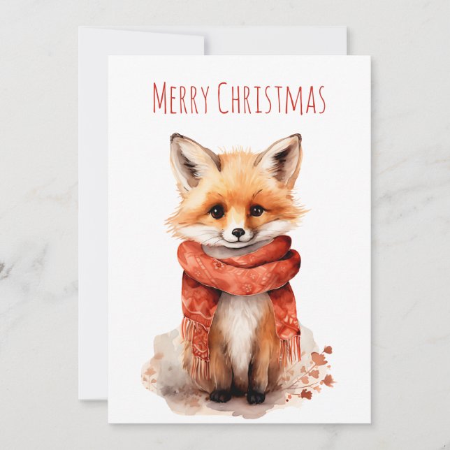 Cute Fox Pup in a Red Scarf Christmas Holiday Card (Front)
