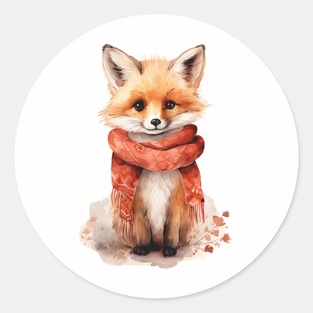 Cute Fox Pup in a Red Scarf Classic Round Sticker (Front)