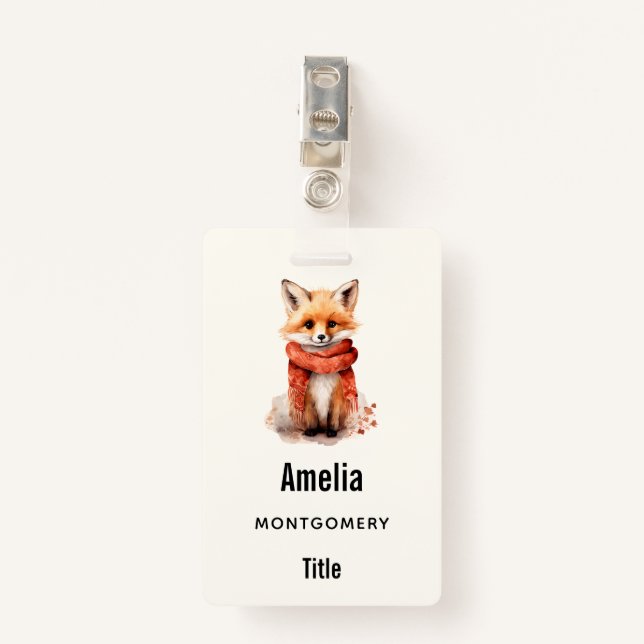  Cute Fox Pup in a Red Scarf ID Badge (Front with Clip)