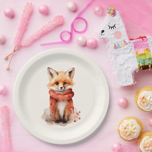 Cute Fox Pup in a Red Scarf Paper Plate (Party)
