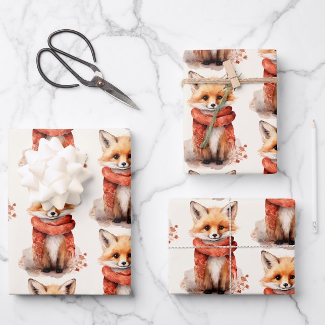 Cute Fox Pup in a Red Scarf Pattern Wrapping Paper Sheet (Front)