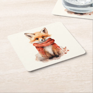 Cute Fox Pup in a Red Scarf Square Paper Coaster