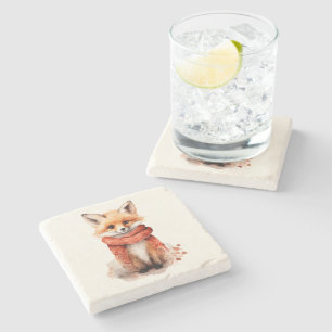 Cute Fox Pup in a Red Scarf Stone Coaster