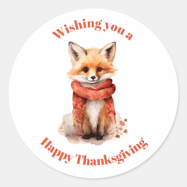 Cute Fox Pup in a Red Scarf Thanksgiving Classic Round Sticker (Front)