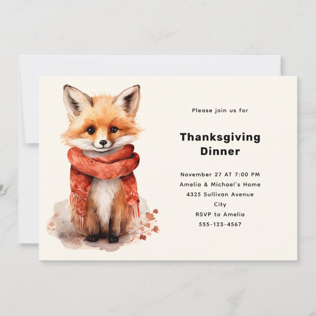 Cute Fox Pup in a Red Scarf Thanksgiving Dinner Invitation (Front)