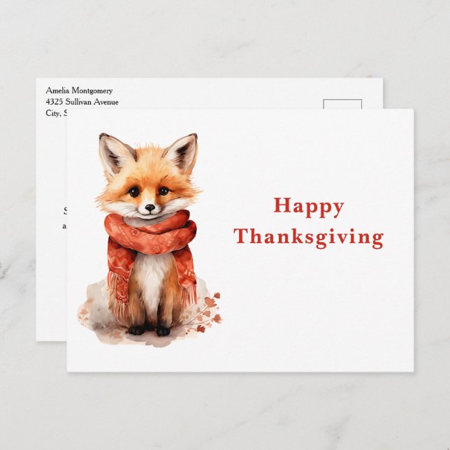 Cute Fox Pup in a Red Scarf Thanksgiving Holiday Postcard (Front/Back)