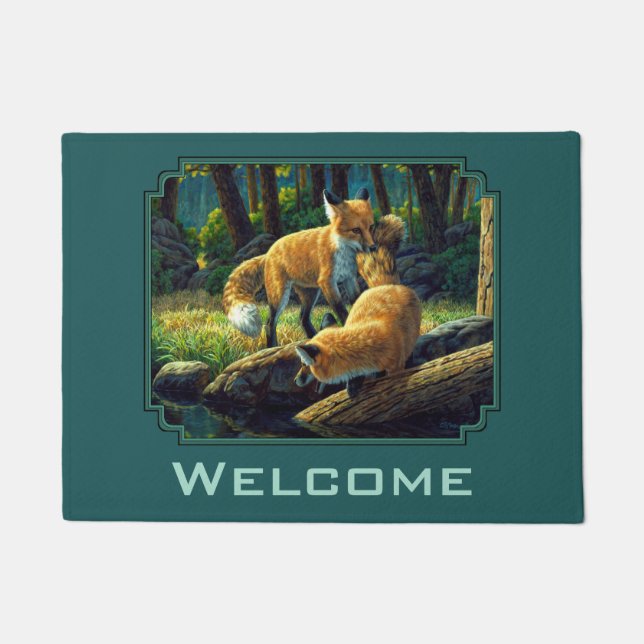 Cute Fox Pups Playing Forest Green Doormat (Front)