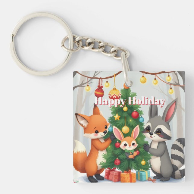  Cute Fox, Racoon, & Bunny Christmas Keepsake Key Ring (Front)