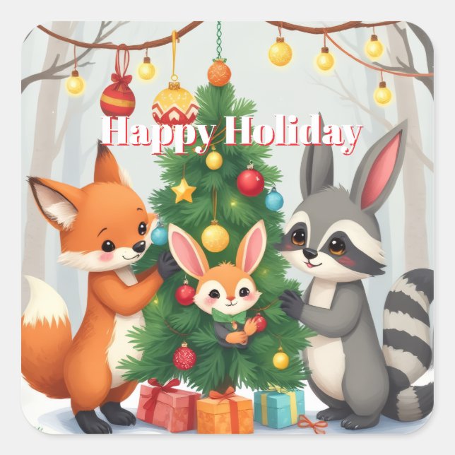  Cute Fox, Racoon, & Bunny Christmas Keepsake Square Sticker (Front)