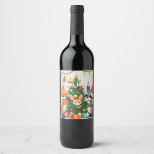 Cute Fox, Racoon, & Bunny Christmas Keepsake Wine Label