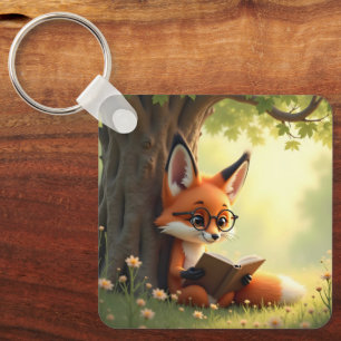 Cute fox reading a book, custom key ring