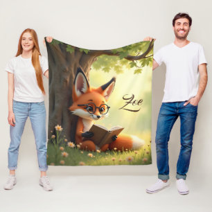 Cute fox reading a book, custom kids fleece blanket