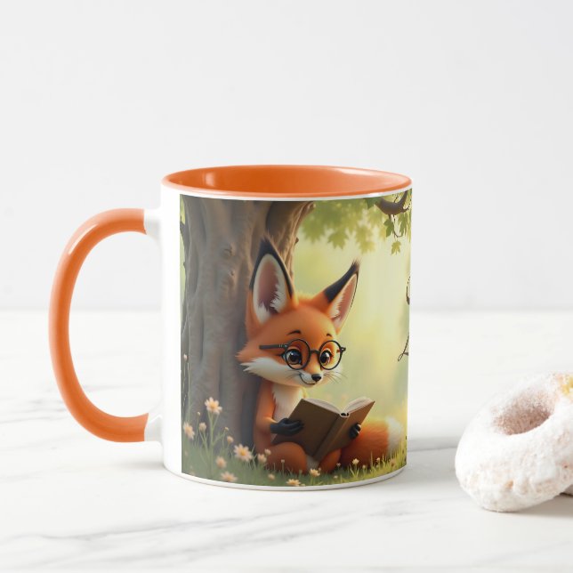 Cute fox reading a book, custom kids   mug (With Donut)
