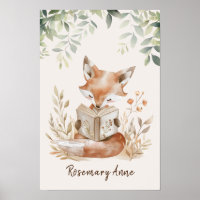 Cute Fox Reading Books Nursery Woodland Animal