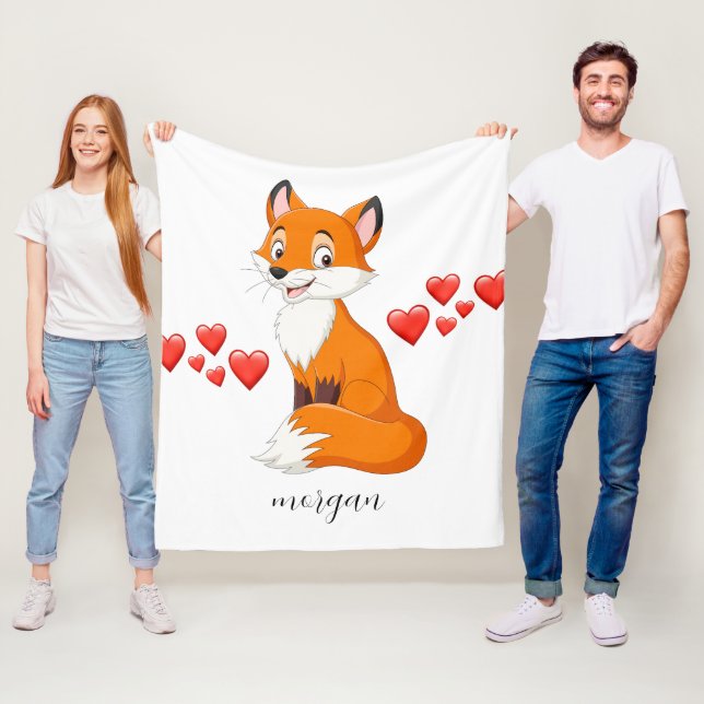 Cute Fox, Red Hearts, Child's Name or Your Message Fleece Blanket (In Situ)