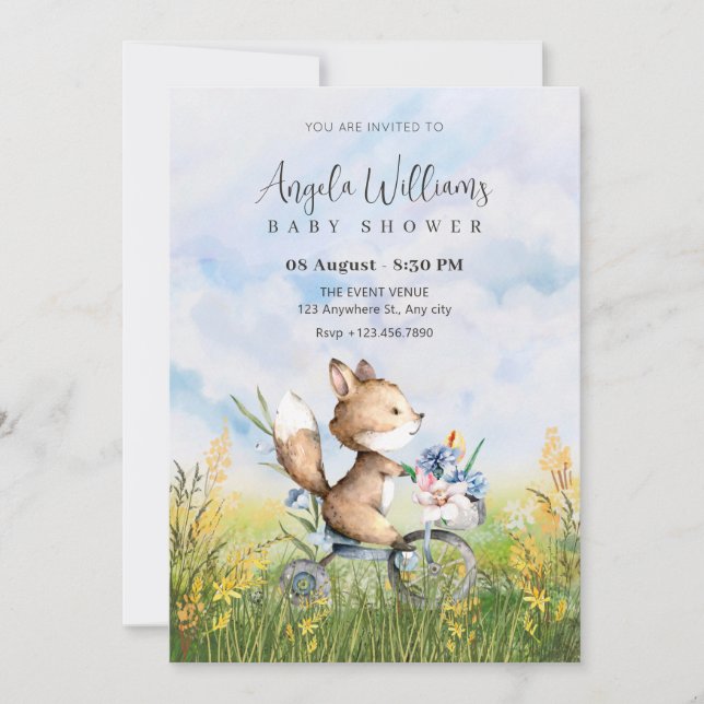 Cute fox riding a bicycle baby shower invitation (Front)