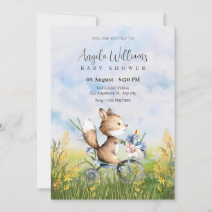 Cute fox riding a bicycle baby shower invitation