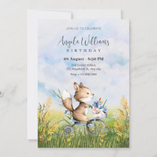 Cute fox riding a bicycle birthday invitation