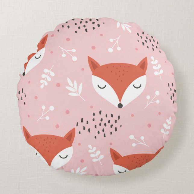 Cute fox seamless pattern, wolf hand drawn forest  round cushion (Front)