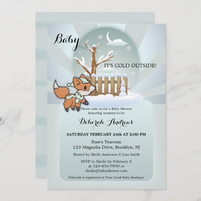 Cute Fox Snow Winter Baby Shower Invitation (Front/Back)