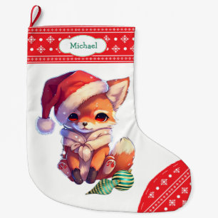 Cute Fox Snowflake Red Border Kids Large Christmas Stocking