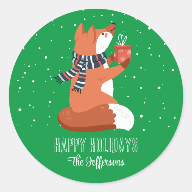 Cute Fox Snowy Winter Holiday Christmas Animal Classic Round Sticker (Front)