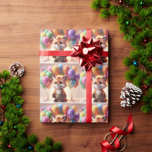 Cute fox surrounded by colourful balloons. wrapping paper (Holiday Gift)