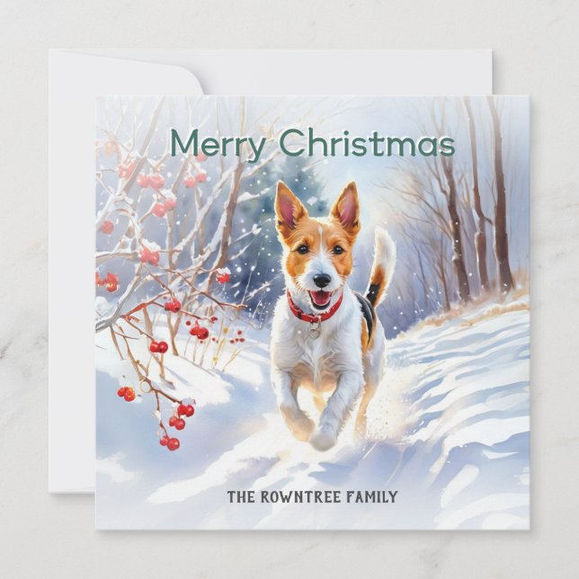 Cute Fox Terrier Dog In Snow Merry Christmas Holiday Card (Front)
