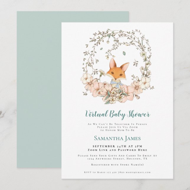 Cute Fox Vintage Foliage Virtual Baby Shower Invitation (Front/Back)