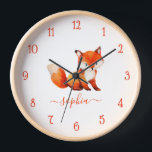 Cute Fox Watercolor Red Script Kid's Room Name Clock<br><div class="desc">For a kid's room. In the centre, there is a cute red fox. Under the illustration, the name of the kid is written in a red script. The animal is generated with DALL-E 2 from OpenAI. I have the right to use my generations for any legal purpose, including for commercial...</div>
