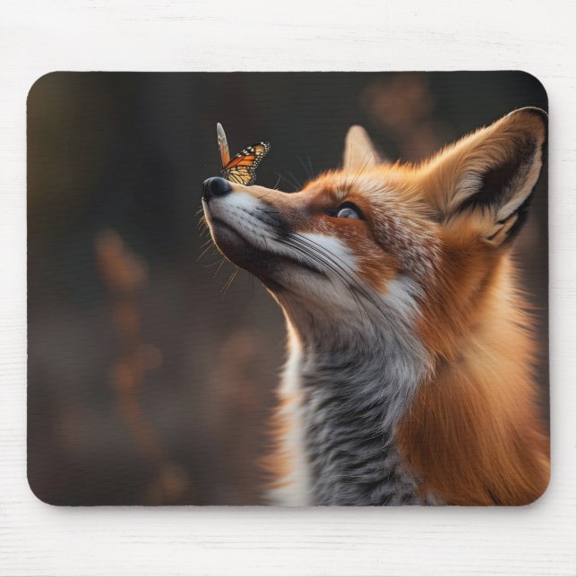 Cute fox with a butterfly sitting on its nose mouse pad (Front)