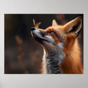 Cute fox with a butterfly sitting on its nose poster