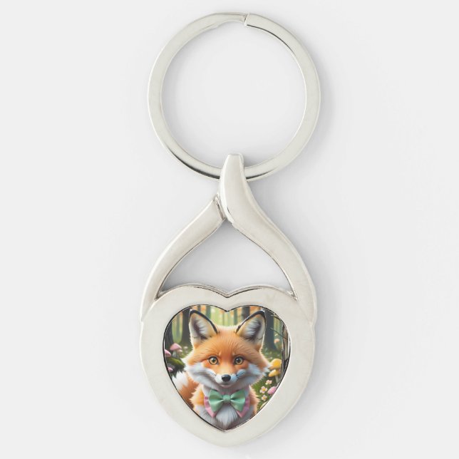 Cute Fox with a Green and Pink bow Key Ring (Front)