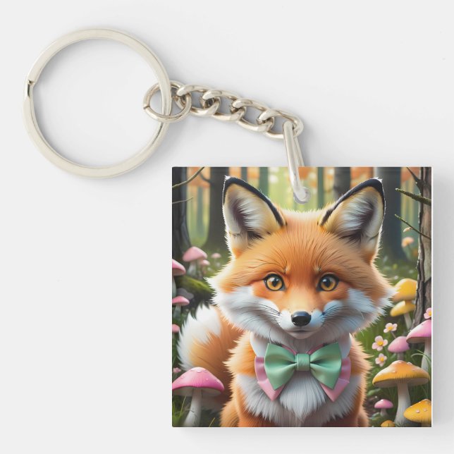 Cute Fox with a Green and Pink bow Key Ring (Front)