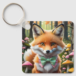 Cute Fox with a Green and Pink bow Key Ring